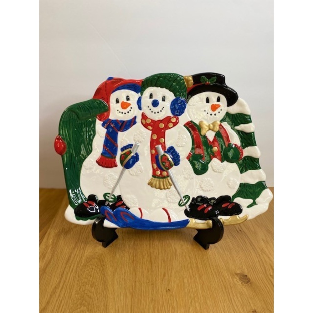 Home For The Holidays Snowman Platter Christmas Large White New Handpainted Skis